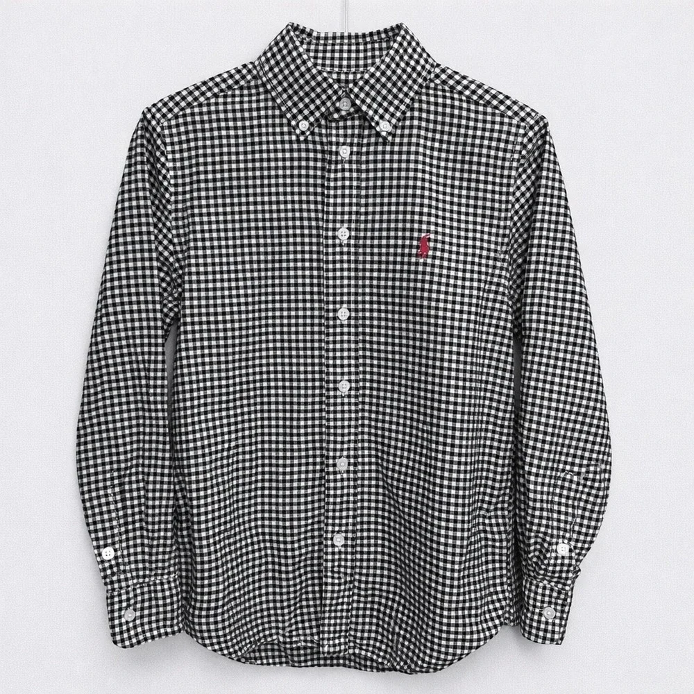 Kids Ralph‎ Lauren Black Gingham Button Down Shirt Red Pony Logo Size M 10-12